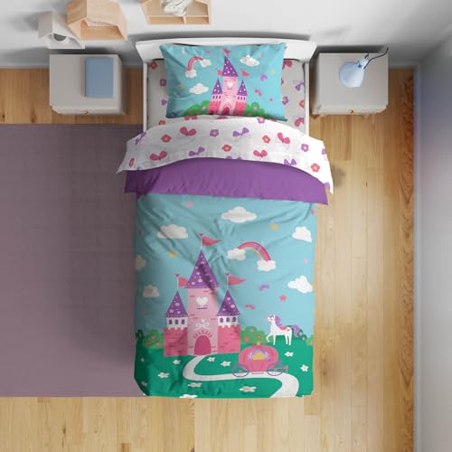 Image of Sunny Side Up Magic Castle Toddler Comforter Set - 4 Piece Preschool Bedding Includes Comforter, Sheets & Pillow Cover - Super Soft Floral Microfiber Bed Set