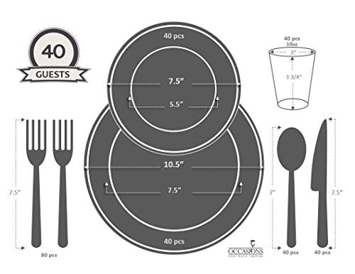 " OCCASIONS " 280 pcs/40 Guest-Full Tableware Set-Wedding Disposable Plastic Plates, Silverware, Silver Rimmed Tumblers (Combo A, White & Silver Rim)