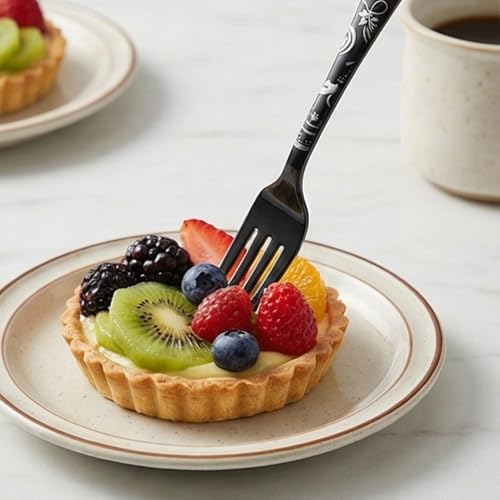 Image of 6.7 inch Charcoal Black Salad Forks with Floral Printed Handle | Set of 5 Durable Stainless Steel Fruit Forks | Mirror Polished Silverware for Home, Restaurants, and Gift Giving