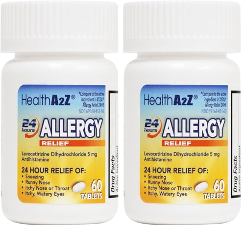 HealthA2Z Allergy Relief Levocetirizine 5mg 24 Hours 60 Count Pack of 2