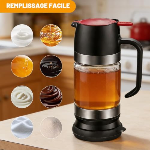 MFUSUL Distributeur de miel en verre de 300 ml - Anti-goutte - Avec poignée - Pour miel et sirop - Idéal pour le thé et le café - Noir – vue 6