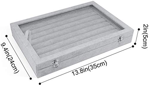 Image of BucketList Fabric Glass Jewelry Ring Display Box - Grey Storage Box Organizer with Tray Holder and Showcase