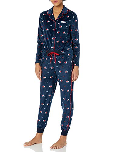 Tommy Hilfiger Women's Long Sleeve Super Soft Minky Fleece Pajama Set, Tommy Flag Heart Navy Blazer, L