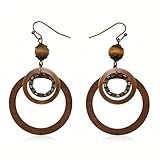 1 Pair Boho Dangle Earrings - Vintage Wooden Drop Earrings - Round Cut Out Bohemian Jewelry - Lightweight Statement Earrings for Daily Wear & Gifts (Brown)