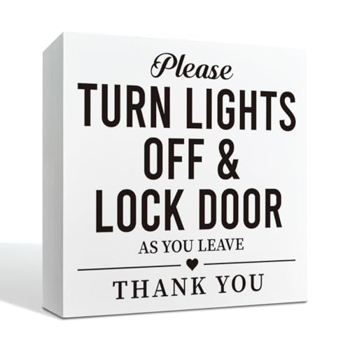 Home Safety Reminder Sign White Wood Box Plaque, Turn Lights