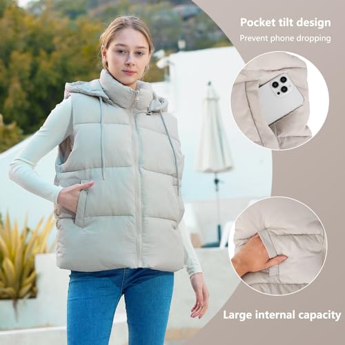 Aokivvy Colete feminino acolchoado com bolsos, zíper espesso, removível, sem mangas, gola alta, gola