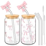 Skylety Set of 2 Coquette Bow Glass Cup 16oz Pink Bow Glass Cup with Lids and Straws Reusable Pink Bow Silicone Straw Toppers Lids Protectors 1 Brush for Drinking Coffee Soda Boba Tea Cocktail