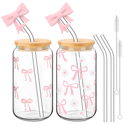 Skylety 2 Set Pink Bow Glass Cup 16oz Coquette Glass Cup with Lids Straws