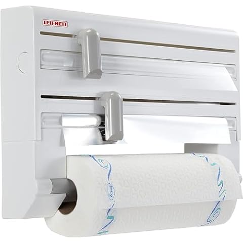 Leifheit Dérouleur mural Parat ComfortLine, dérouleur mural cuisine pour 3 rouleaux, support de rangement avec lames tranchantes, dévidoir en ABS Cover