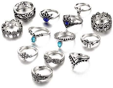 Dusenly 13pcs Vintage Knuckle Ring Set Hollow Carved Flowers Stackable Rings Boho Crystal Joint Knuckle Rings for Women Girls