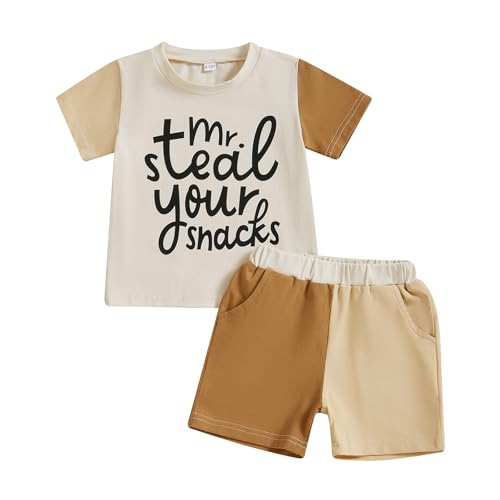 Image of FOCUSNORM Baby Boy Summer Clothes Letter Contrast Short Sleeve T-shirt Top and Elastic Shorts 2 Pcs Set Toddler Infnat Outfit