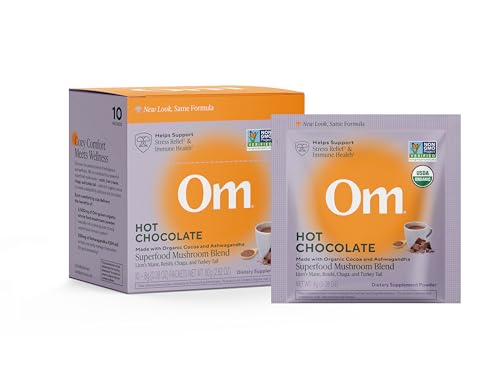 OM MUSHROOM SUPERFOOD Hot Chocolate Blend Dutch Cocoa Mushroom Powder with Lions Mane Reishi Chaga & Turkey Tail Focus Calm & Stress Support 2g Sugar 25 Calories Single Serve (10 Count)
