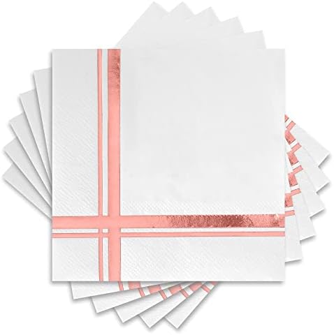 Fanxyware Rose Gold on White Cocktail Napkins - 100 Pack, 5" x 5", 3-Ply Paper - Style Name: Blissful Crossing