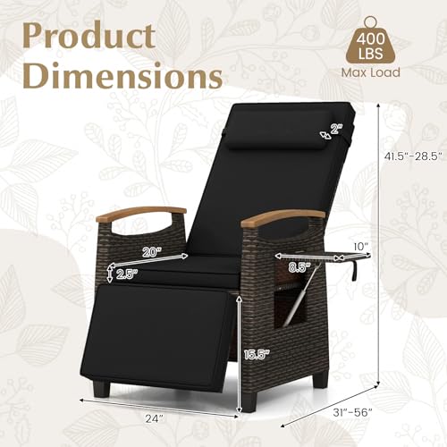 RELAX4LIFE Rattan Outdoor Recliner Chair - Wicker Chaise Lounge Chair w/Adjustable Back & Footrest, Acacia Wood Armrests, Flip Side Table, Cushion, Reclining Patio Chair for Pool Yard (1, Black) - Thumbnail 3