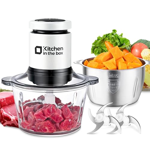 Kitchen in the Box Hachoir Électrique 400W, Hachoir à Viande avec 2 Bols (Verre 2L + Inox 2L), 2 Lames Bi-niveau, Mixeur hachoir, Légumes, Oignons,...