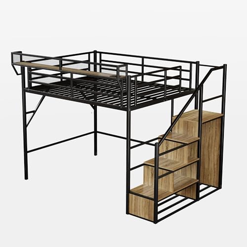 Image of Queen Size Metal Loft Bed with Storage Shelf Built-in USB Port | Heavy Duty Loft Bed with Storage Stairs & Wardrobe+ LED Lights, Large Under-Bed Area, Noise Free, No Box Spring Needed