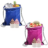 BEIIEB 2er-Pack Isolierte Lunch-Taschen mit Kordelzug, wasserdichte faltbare Lunch-Taschen, Isolierung, Kühltaschen, Lunch-Taschen für Arbeit, Schule, Strand, Picknick, Rosa, Blau (27 x 33 cm)