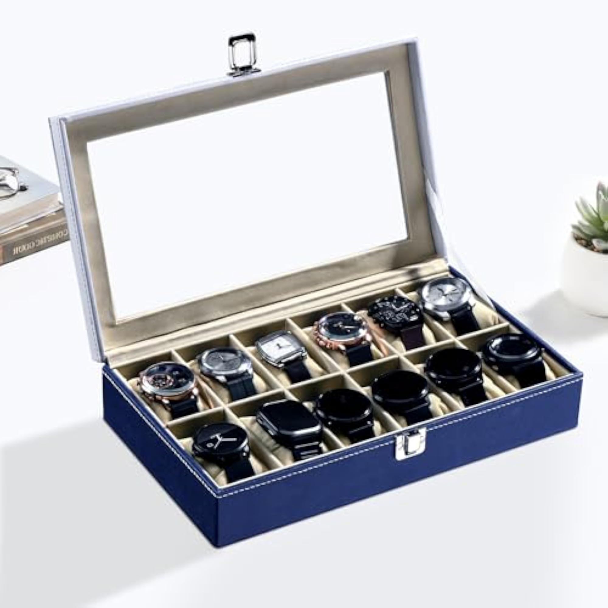 Faux Leather See Through 12 Slots Wrist Watch Organiser Box