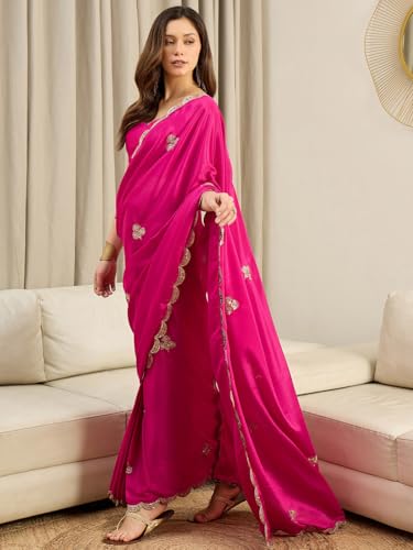 Image of AKHILAM Women's Shimmer Pure Georgette Embroidered Ready To Wear one Minute Saree With Unstitched Blouse Piece