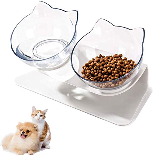 Linseray Cuenco del Gato, 2 in 1 Tazón Cuenco Doble 15° Inclinación Antideslizante Comedero Doble para Mascotas,Cuenco Elevado para Alimentos Elevado Comederos para Perros Gatos (Blanco) Cover