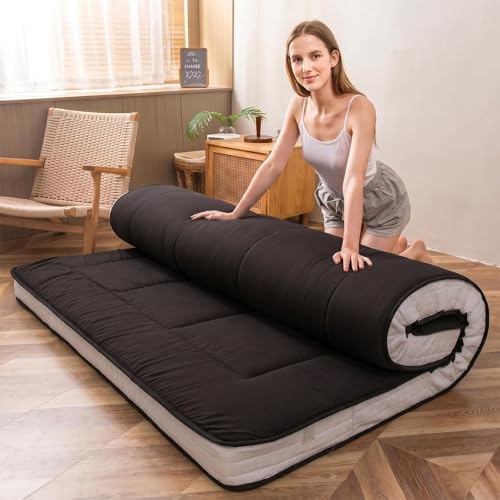 MAXYOYO Futon Mattress, Padded Japanese Floor Mattress Quilted Bed Mattress Topper, Extra Thick Folding Sleeping Pad Breathable Floor Lounger Guest Bed for Camping Couch, Black, Queen Size