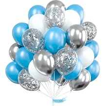 PartyWoo Blue & White Balloons - 60pcs Light Blue, Silver Metallic, Confetti & Baby Shower Decorations