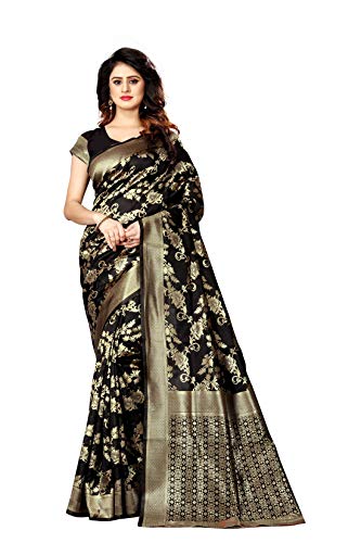 Image of Flosive Women's Present Kanjivaram Soft Silk Saree With Blouse (BLACK)