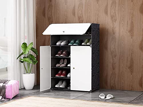 Image of AYSIS DIY Shoe Rack Organizer /Multi-Purpose Plastic 6 Layers 3 Door Portable and Folding Shoe Rack ^ Black6Shelf3Door