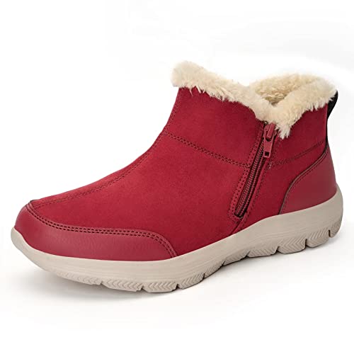 TIOSEBON Women's Winter Snow Ankle Boots-Warm Anti-Slip On Resistant Booties Suede Zipper Up Walking Hiking Shoes Red 42