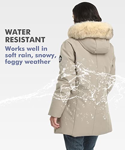 Puremsx Ladies Cold Weather Insulated Overcoat, Women's Vegan Down Coat Fashion Casual Jacket, Warm Winter Coats Windproof Overcoat, Hooded Parkas Thicken Faux Fur Outwear,Beige,Medium #TOP4
