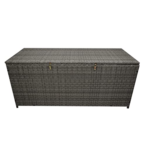 Image of Oakland Living Grey Indoor and Outdoor Balcony Patio Deck Porch Pool 113 Gallon Wicker Storage Box Trunk Bin with Metal Frame