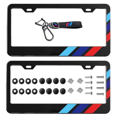 2 Pack License Plate Frames fit for BMW Tri-Color Front Back License Plate Cover for BMW License Plate Bracket Holder Rust-Proof Rattle-Proof Weather-Proof for US CA Standard Car & 1Pcs Key Chain