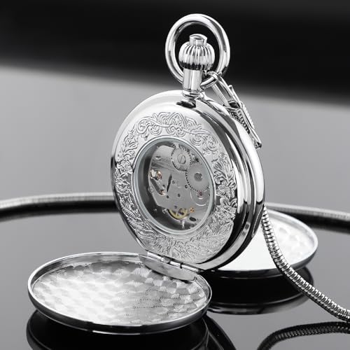 Image of Copper Pocket Watch Steampunk Roman Number Scale Mechanical London Hand Wind Mens Watches with Chains & Boxs