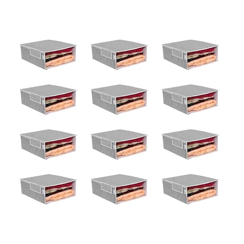 Image of PRETTY KRAFTS Stackable Fabric Saree Storage Organizer for wardrobe, Clear front window with Lid, Stackable organizers, Perfect to organize sarees in a wardrobe, Set of 12, Jute Grey