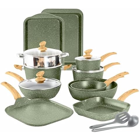 17 Piece Pots and Pans Set Non Stick, Nonstick Induction Granite Kitchen Cookware Sets, Induction Cookware Frying Pans, Nonstick Granite Cooking Set, Pan Sets for Cooking, Green Cover