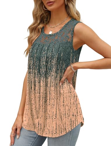 Image of Saloogoe Summer Tank Tops for Women Loose Fit Pleated Tunics Scoop Neck Sleeveless Lace Tops Curved Hem Flowy