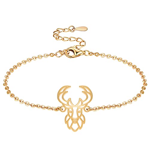 Fauna - Fauna Bracelet Animal Cerf Couleur Or ou Argent avec Chaîne ou Cordon Noir pour Femme, Homme ou Enfant, Résistant et Ajustable Fabriqué en France