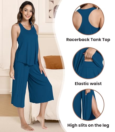 Image of NACHILA Bamboo Viscose Pajamas for Women Racerback Tank Capri Set | High Side Slits Design, Unrestricted Movement, Cooling Feel, Relaxed Loose Fit, for Hot Sleepers