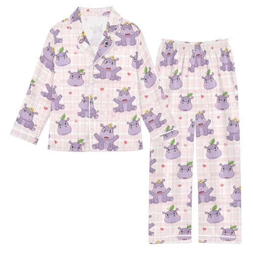 JULYTO Satin Pajama Sets Long Sleeve Cute Hippo 2 Piece PJS 5Y