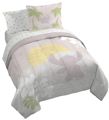 Image of Disney Lilo and Stitch Queen Comforter Set 7 Piece Cartoon Bedding, Beige | Bed in a Bag, Comforter Sheets Shams Pillowcases, Official Product, Soft Microfiber, Machine Washable, Girls Gift