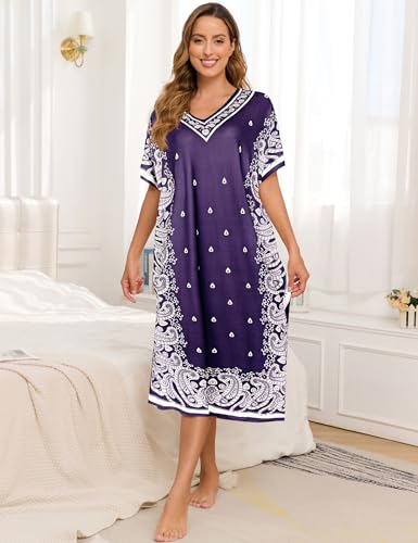 Image of Bloggerlove Women's Caftan Nightgown with Pockets, Long House Dress | Half Sleeve, Kaftan, Mumu Dress, Sleepwear, V-Neck, Full Length, Lounge Dress, 2 Side Pockets