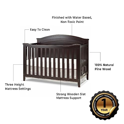 Image of Sorelle Furniture Berkley Round Top Crib, Classic 4-in-1 Convertible Crib, Made of Wood, Non-Toxic Finish, Wooden Baby Bed, Toddler Bed, Child's Daybed and Full-Size Bed, Nursery Furniture-Espresso