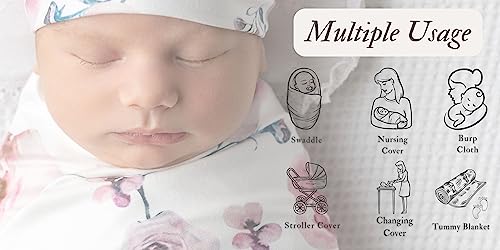 Image of Newborn Floral Print Blanket Baby Stretch Wrap Swaddle Receiving Blanket with Matching Headband and Beanie (Purple and Pink)
