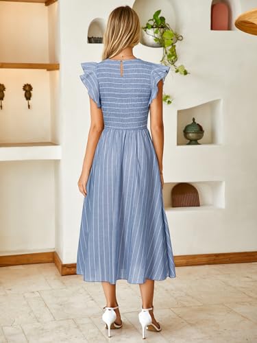 Image of Simplee Womens Striped Midi Summer Dress Linen Smocked Flutter Short Sleeve Dress Flowy Casual Dress with Pockets