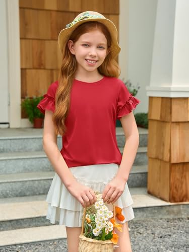 Image of Haloumoning Girls Ruffle Short Sleeve T Shirts Kids Summer Crewneck Tops Cute Tees Blouse 5-14 Years