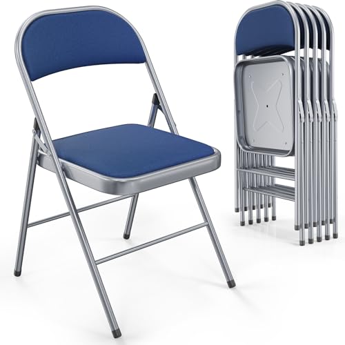Image of VINGLI 6 Pack Folding Chairs with Padded Seats, Metal Frame with Fabric Seat & Back, Capacity 350 lbs, Blue, Set of 6