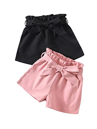 Verdusa Girl's 2 Pack Frilled Paperbag Elastic Waist Belted Straight Cute Shorts Black And Pink 100 #TOP21