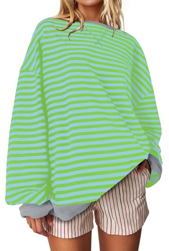 Image of UEU Women Oversized Striped Crewneck Sweatshirt Long Sleeve Color Block Pullover Tops Casual Loose Workout Shirt