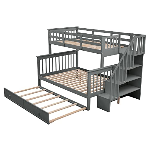 Goohome Twin-Over-Full Bunk Bed With Twin Size Trundle And 3 Storage Stairs, Sturdy Solid Wood Trundle Bunk Bed Frame W/Guardrails And Ladder, Built-In Slats, For Adults Kids Teens, No Noise #TOP3