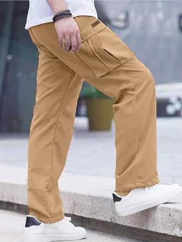 Comdecevis Men's Casual Cargo Pants Workout Joggers Stretch Sweatpants Hiking Drawstring Tactical Pants with Multi Pockets Khaki